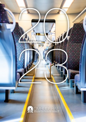 cover jaarverslag, zonnig interieur van een trein met titel 2023 - couverture rapport annuel, intérieur ensoleillé d'un train intitulé 2023